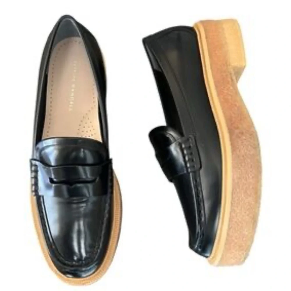 Loeffler Randall Sleek Black Loafers with Tan Platform Sole